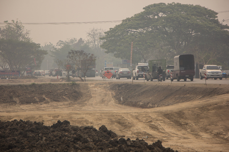 Chiangmai, Thailand - March 15 2019: Smoke and Pollution Haze on highway Chiangmai road.のeditorial素材