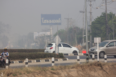 Chiangmai, Thailand - March 16 2019: Smoke and Pollution Haze on highway Chiangmai road.のeditorial素材