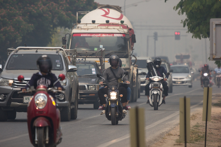 Chiangmai, Thailand - March 30 2019: Smoke and Pollution Haze on highway Chiangmai road.のeditorial素材