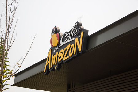 Chiangmai, Thailand - April 2 2019: Amazon Coffee shop in PTT Oil Station. Location on road 1001.のeditorial素材