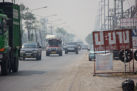 Chiangmai, Thailand - April 2 2019: Smoke and Pollution Haze on highway Chiangmai road.のeditorial素材