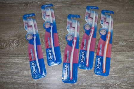 Chiangmai, Thailand - May 13 2019: Product shot of Oral B toothbrush.  Product by Colgate PalmOlive  Thailand Company.のeditorial素材