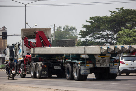 Chiangmai, Thailand - April 30 2019: Truck with crane of Phiboon Concrete Company. Photo at road...