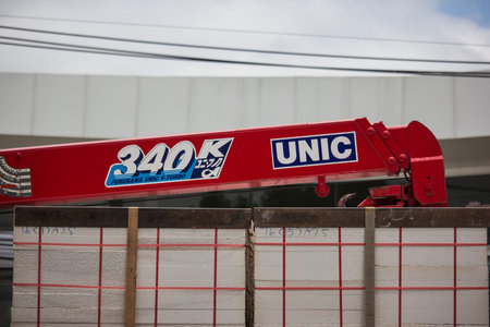 Chiangmai, Thailand - June 13 2019:Truck with crane of STP Company. Photo at road no.121 about 8 km...