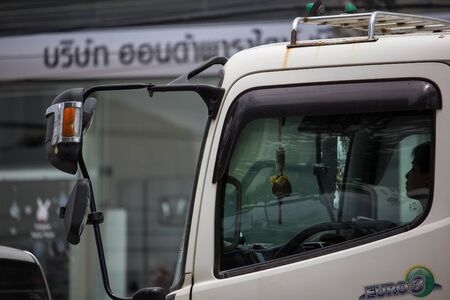 Chiangmai, Thailand - June 13 2019:Truck with crane of STP Company. Photo at road no.121 about 8 km from downtown Chiangmai, thailand.のeditorial素材