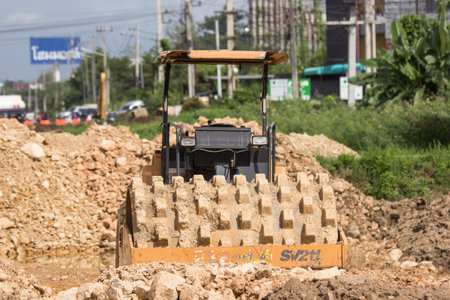 Chiangmai, Thailand - August 6 2019:  Private Sheepfoot  road roller on Construction site. Photo of...