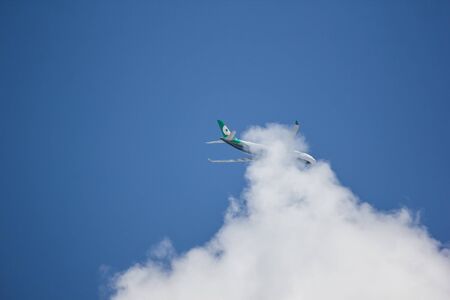 Chiangmai, Thailand - August 25 2019:  B-16339 Airbus A330-300 of EvaAir. take off from Chiangmai Airport to taipei Taiwan.のeditorial素材