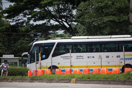 Chiangmai, Thailand - August 22 2019: Scania 15 Meter Bus of Sombattour company. Route Bangkok and Chiangmai. Photo at road no.121 Chiangmai, thailand.のeditorial素材