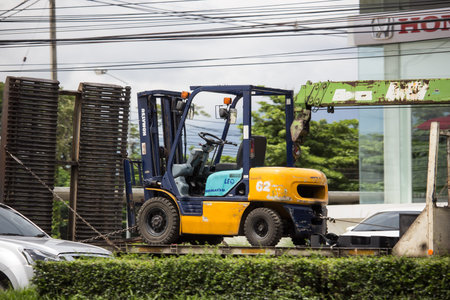Chiangmai, Thailand - August 29 2019: Komatsu Folklift Car. On Truck in chiangmai road.