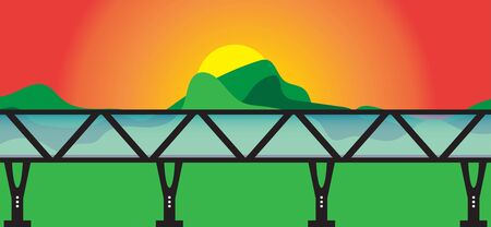 Black sky walk over bridge on sun set and mountain backgroundのイラスト素材