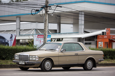 Chiangmai, Thailand - September 19 2019: Private old car of Mercedes Benz 280 CE. Photo at road...