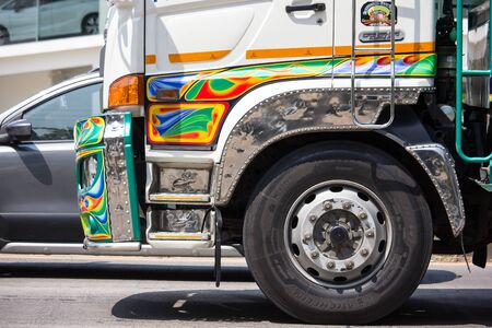 Chiangmai, Thailand - September 30 2019: Private Hino FL1A  Cargo Truck. Photo at road no.1001 about 8 km from downtown Chiangmai, thailand.のeditorial素材