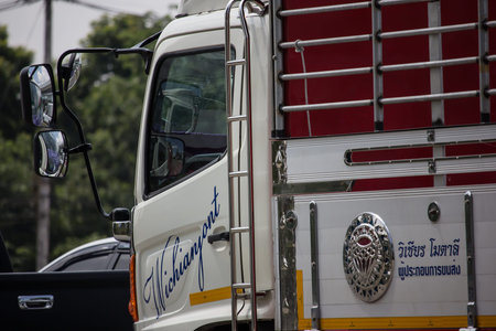 Chiangmai, Thailand -  October 10 2019: Private Hino  Cargo Truck. Photo at road no.1001 about 8 km from downtown Chiangmai, thailand.のeditorial素材