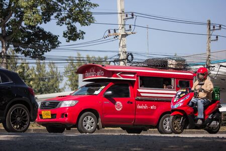 Chiangmai, Thailand - November 28 2019: Orange mini truck taxi chiangmai, Service between city and Phrao district of Prempracha Company.のeditorial素材