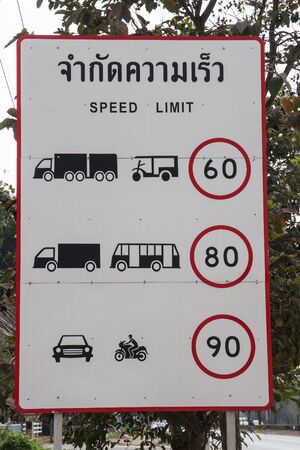 Speed limit sign on road to cityの写真素材