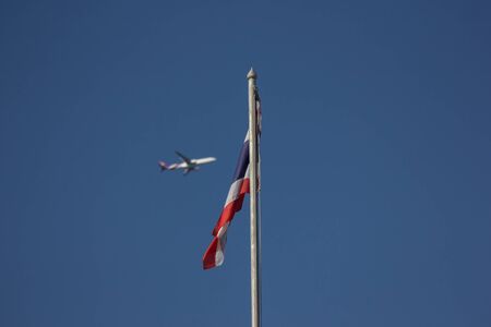Chiangmai, Thailand - January 3 2020: Thailand Flag and HS-TBB Airbus A330-300 of Thai Airways. In Flight Chiang mai to Bangkok.のeditorial素材