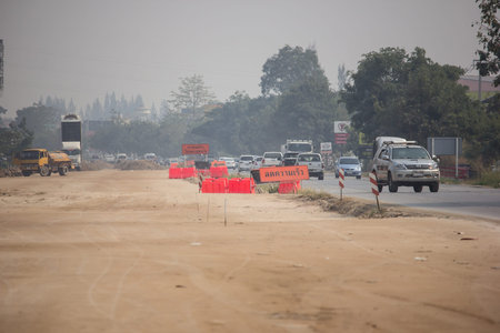 Chiangmai, Thailand - January 13 2020: Smoke and Pollution Haze on highway Chiangmai road.