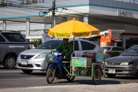 Chiangmai, Thailand -  October 4 2019: Icecream sale on a motorcycle. Phi Thing icecream. Photo at...