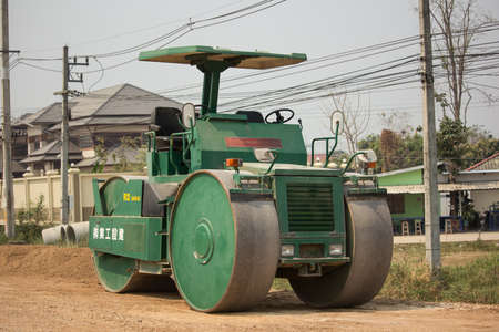 Chiangmai, Thailand - March  12 2020:  Sakai road roller on Construction site. Photo of new road no.121 outside ring road of chiangmai city.のeditorial素材