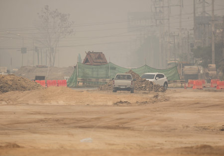 Chiangmai, Thailand - March  15 2020: Smoke and Pollution Haze on highway Chiangmai road. On March 15 Aqi of Chiangmai city  is 1 of city Pollution rank.のeditorial素材