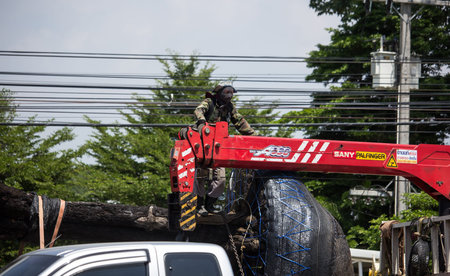 Chiangmai, Thailand -  May 27 2020:  SANY Crane Truck. Photo at road no 121 about 8 km from downtown...