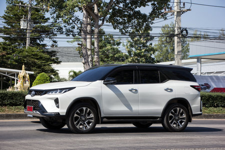 Chiangmai, Thailand -   November 27 2020: Private  New Toyota Fortuner Black top Suv Car. On road no.1001 8 km from Chiangmai city.のeditorial素材