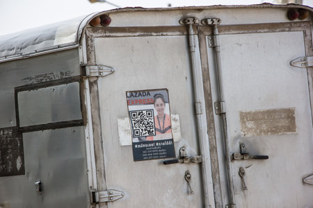 Chiangmai, Thailand - February  9 2021:  Lazada  Express and Logistics Container. Photo at road no 121 about 8 km from downtown Chiangmai, thailand.のeditorial素材