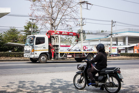 Chiangmai, Thailand - February  9 2021:  Private Hino Crane Truck. On road no.1001 8 km from Chiangmai Business Area.のeditorial素材