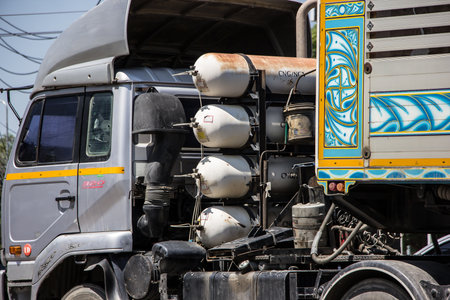 Chiangmai, Thailand - May  3 2021: Private Old Nissan UD  Cargo Truck. Photo at road no.1001 about 8 km from downtown Chiangmai, thailand.のeditorial素材