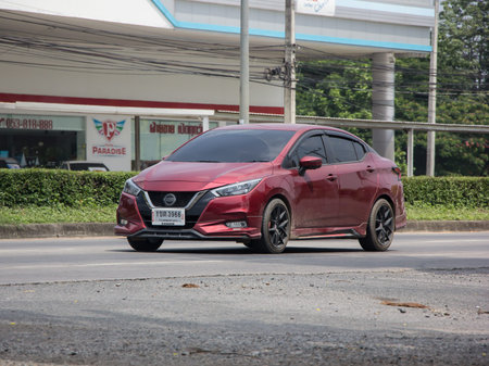 Chiangmai, Thailand - April  21 2022: Private Eco car, New Nissan Almera. Photo at road no 121 about...