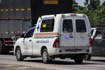 Chiangmai, Thailand - April  21 2022: Ambulance van of Maejo Subdistrict Administrative Organization. Photo at road no.121 about 8 km from downtown Chiangmai, thailand.のeditorial素材