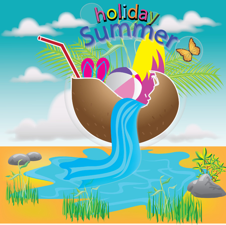 Realistic summer party poster with coconut cocktail and tropical plants on beach illustrationのイラスト素材