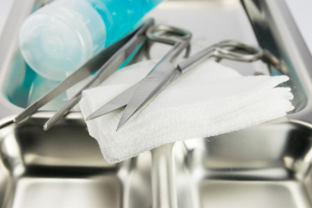 Medical instruments in a steel trayの写真素材