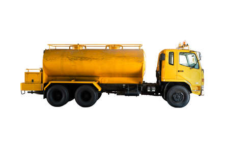 Toilet pumping service car. Pump water from the sewage canal during the construction of city roads Truck with orange water tank. Clipping path.の写真素材