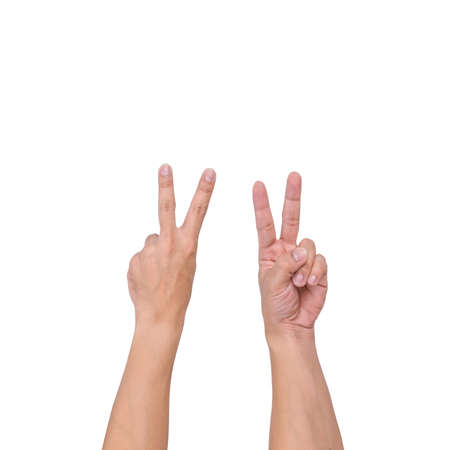 A white male hand gesture showing a finger count on a white background. clipping path.の写真素材