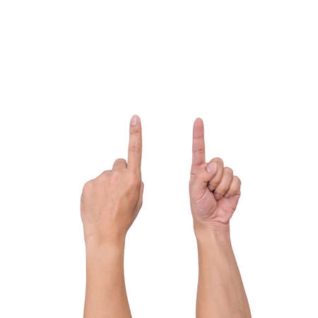 A white male hand gesture showing a finger count on a white background. clipping path.の写真素材