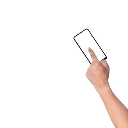 The hand gesture of a white man holding a black mobile phone with his left hand and right hand, clipping path.の写真素材