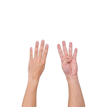 A white male hand gesture showing a finger count on a white background. clipping path.の写真素材