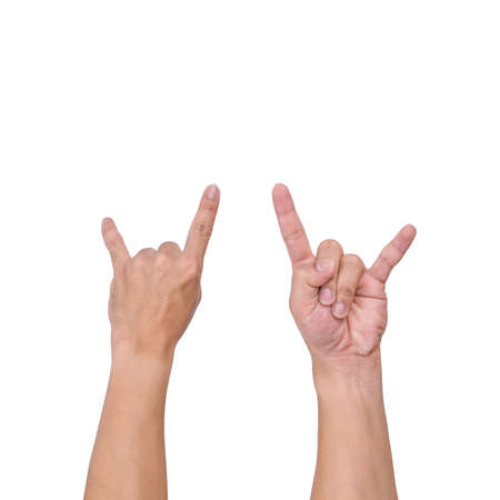 A white male hand gesture showing a finger count on a white background. clipping path.の写真素材