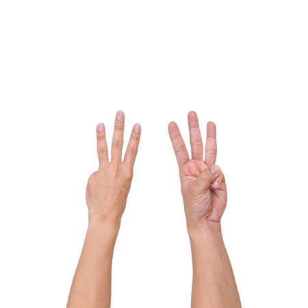 A white male hand gesture showing a finger count on a white background. clipping path.の写真素材