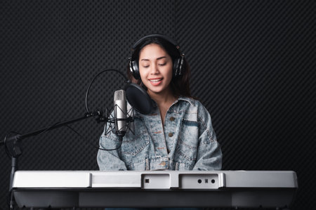 Asian female singer with a passion for music and microphone. While playing her guitar in a professional studio. Music concept, sound recording concept.の写真素材