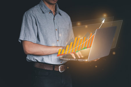 Double Exposure Data analysis for business ideas and stock trading. The graphical interface displays computer technology, virtual screens of profit analysis, online market research, and data reports.の写真素材