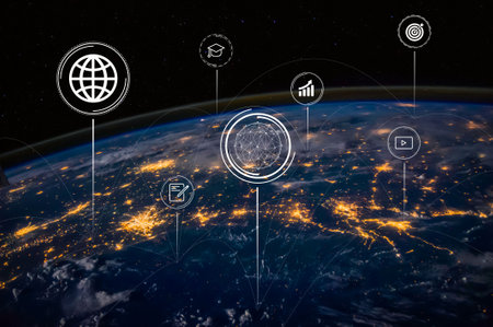 Map of the planet, world map. wireless technology network Concept, global social network future. Icon rising from the surface of the earth. network and telecommunication.の写真素材