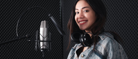 Asian female singer with a passion for music and microphone. While playing her guitar in a professional studio. Music concept, sound recording concept.の写真素材