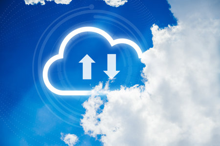 Cloud icons and effects in the clear sky. Downloading and uploading data. Storage technology concept.の写真素材