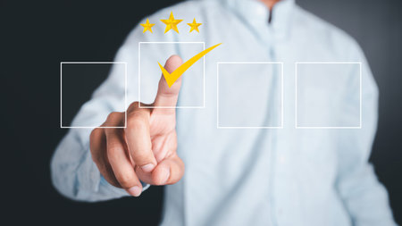 Business people use the index finger to touch the virtual screen to select the starred icons, future...
