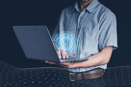 Virtual screen popped up. It consists of a 5G network to communicate technology around the world. Wireless connection concept, a new innovative concept.の写真素材