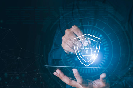 Data or network protection, business people press shield icon, web button, virus security. Data protection and insurance Business security concepts, information security against viruses,system Matrixの写真素材