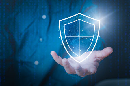 Data or network protection, business people press shield icon, web button, virus security. Data...