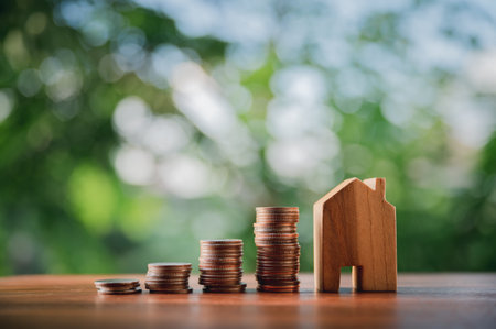 Pile of coins with a wooden house on table financial strategy ideas for real estate investment business.with natural green background.の写真素材